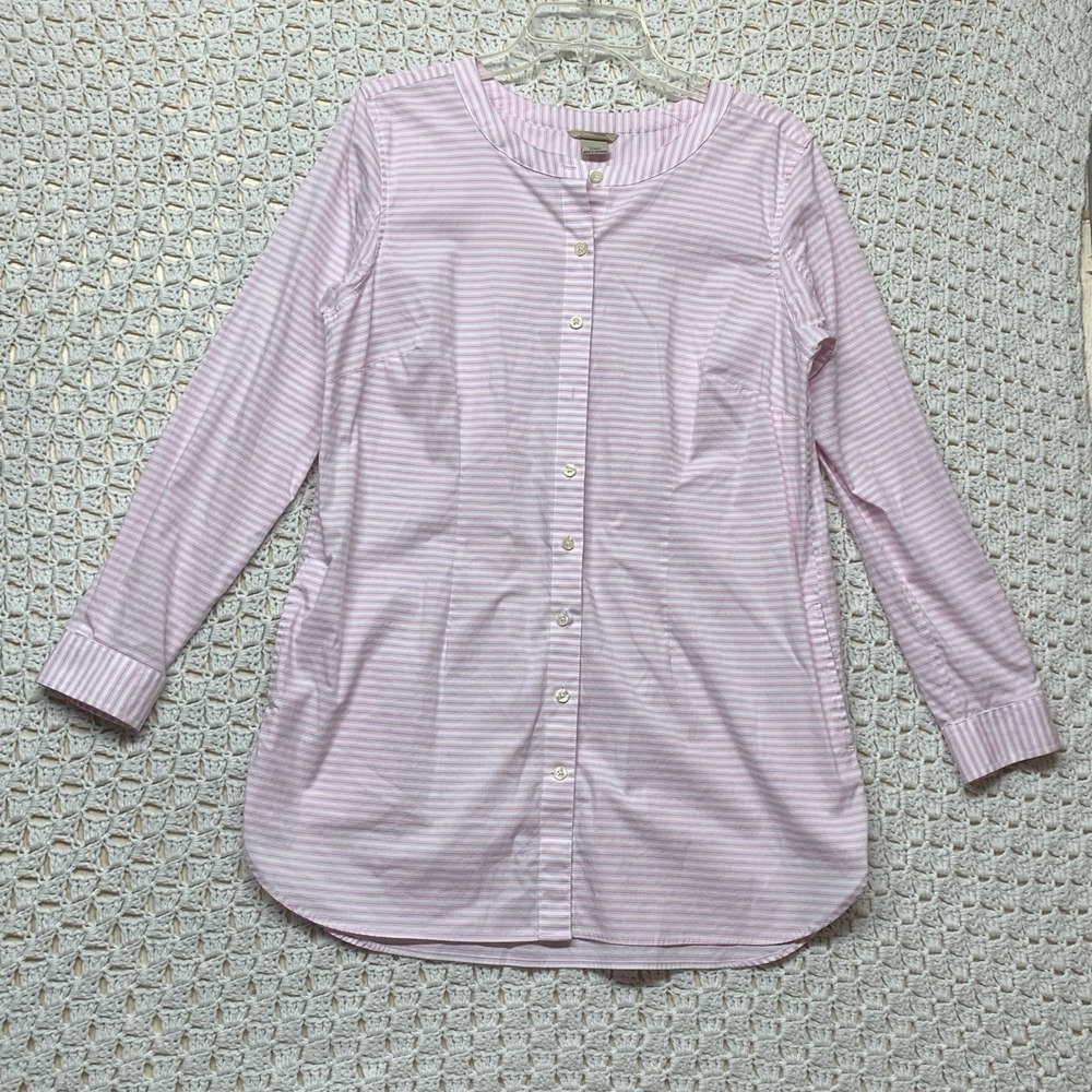 Duluth Trading Wrinklefighter Tunic Top‎ Blouse  M Pink White Striped 2-Pocket